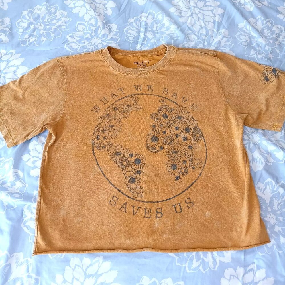 Mighty Fine Women's Top Shirt Small Yellow Boho What We Save Distressed Look